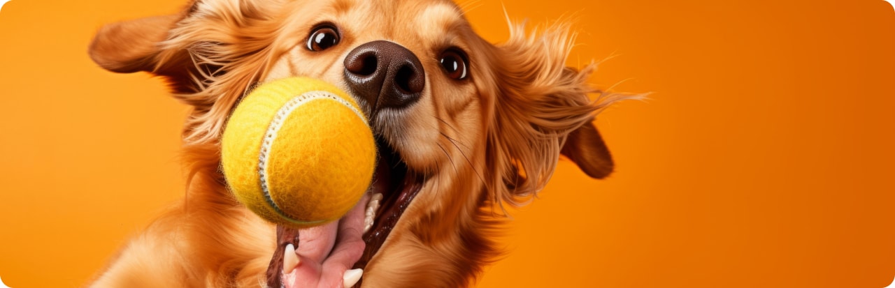 Cão golden retriever com uma bolinha, em imagem da Comport Pet